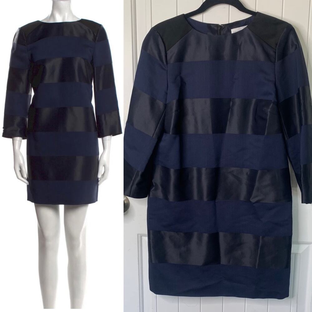 Nellie Partow blue satin striped virgin‎ wool shift dress size 4